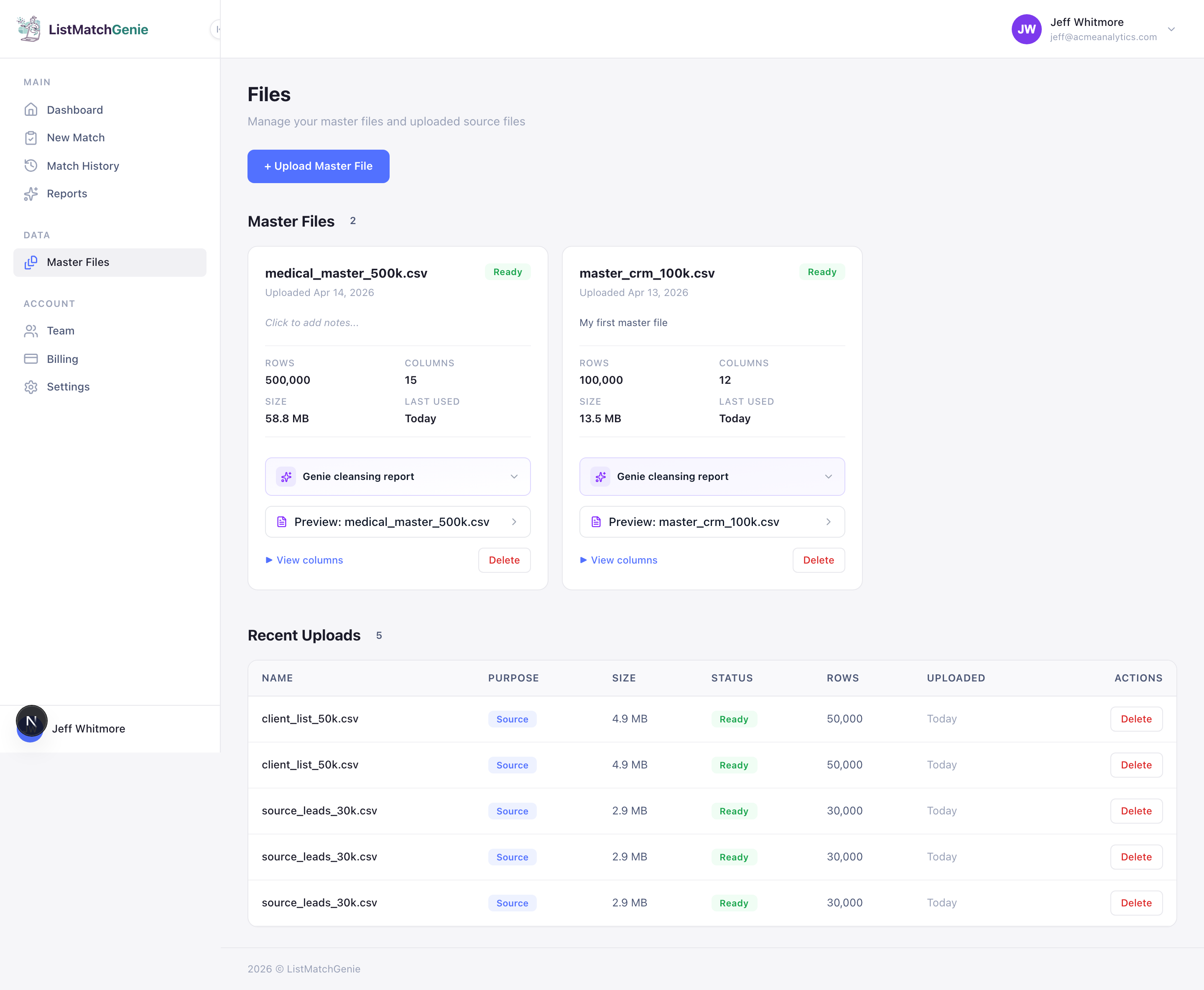 Master files page showing the Genie cleansing report