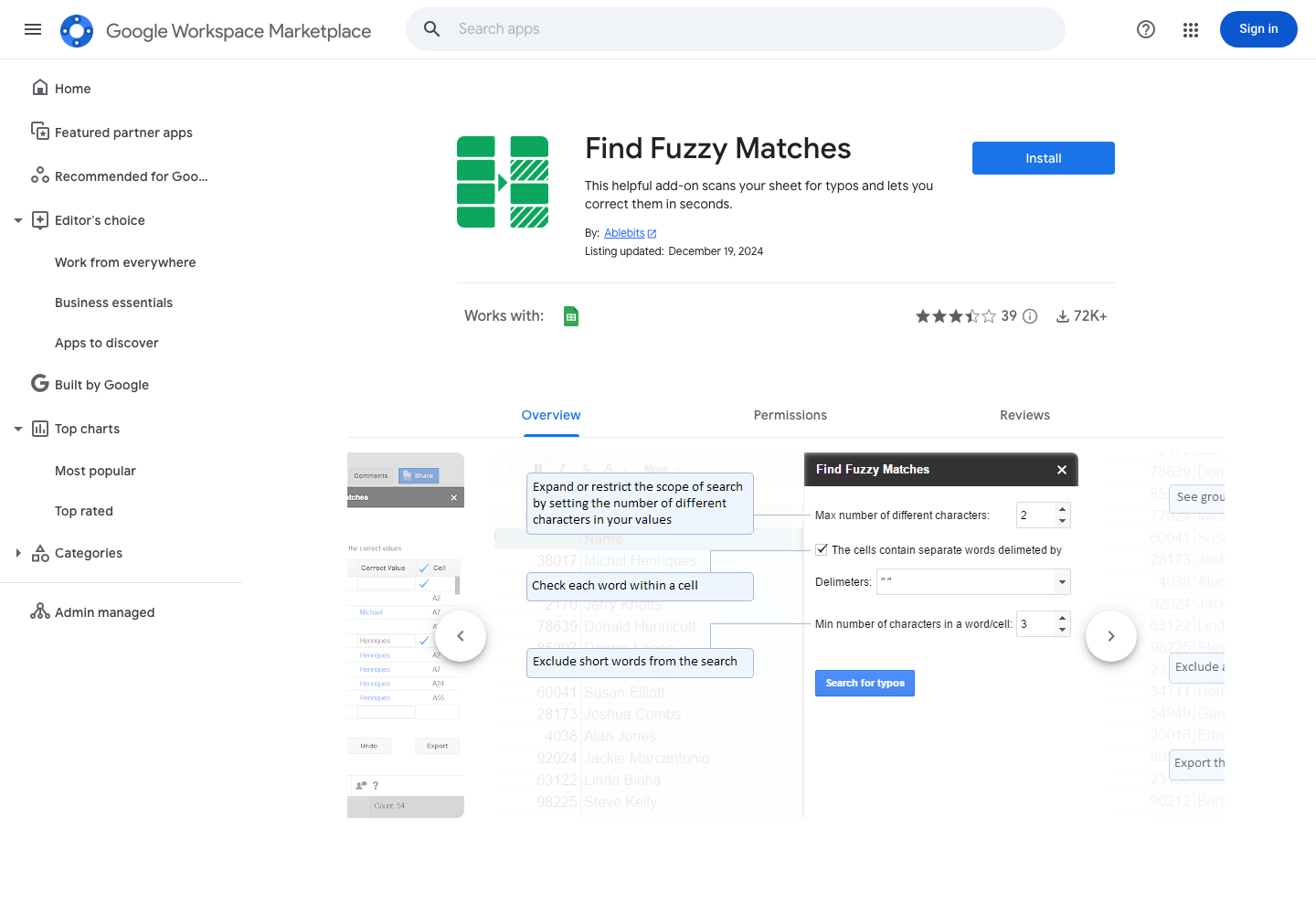 The Find Fuzzy Matches add-on listing in the Google Workspace Marketplace, showing a 3.5/5 rating from 39 reviews, 72,000+ installs, an Install button, and a screenshot of the add-on UI inside a Sheets sidebar.