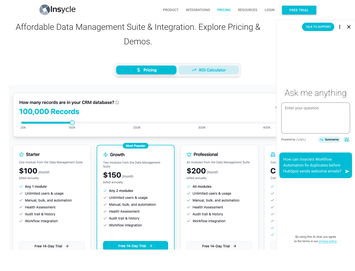 The Insycle pricing page set to 100,000 records, showing four tiers: Starter $100/month (one module), Growth $150/month (two modules, marked 'Most Popular'), Professional $200/month (all modules including Audit Trail and Workflow Integration), and Enterprise (sales-only). All tiers billed annually with a 14-day free trial.