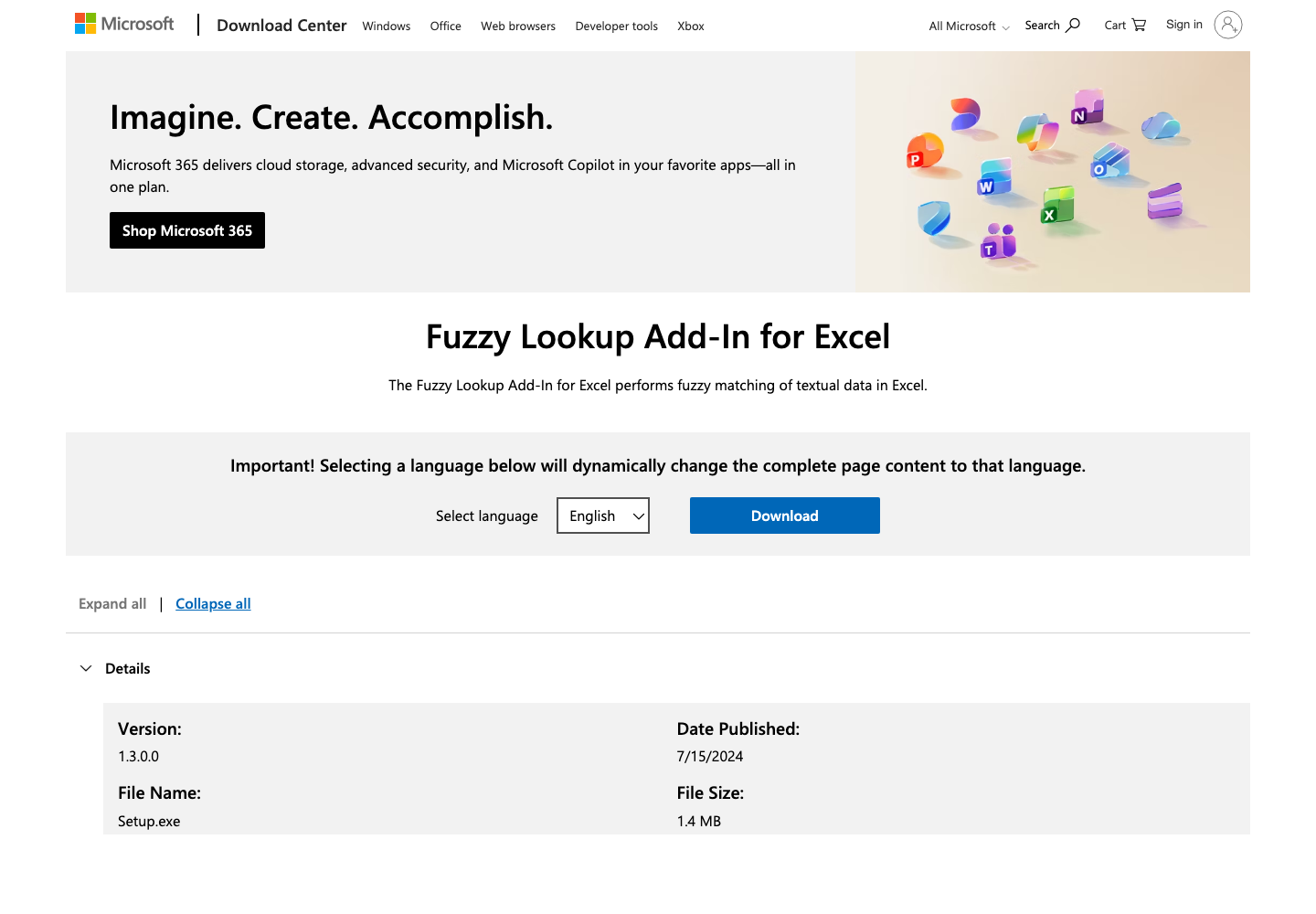 The Microsoft Download Center page for the Fuzzy Lookup Add-In for Excel, version 1.3.0.0 dated July 15 2024, file name Setup.exe (1.4 MB) — proving the add-in is a Windows-only installer with no Mac equivalent.