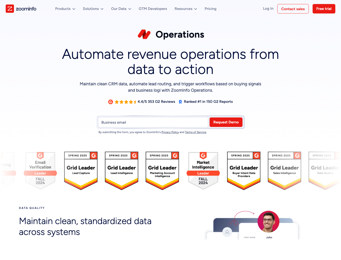 The ZoomInfo Operations product page where ringlead.com redirects to. Shows the new branding ('Automate revenue operations from data to action'), G2 leadership badges (4.4/5, 353 reviews, ranked #1 in 150 G2 reports), and 'Request Demo' as the only CTA — no published pricing tiers.